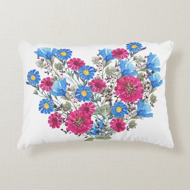 Cojín Decorativo Corazón acuarela floral, flores silvestres brillan (Anverso)