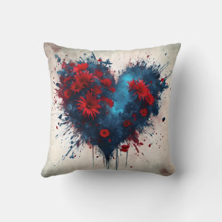 Cojín Decorativo Corazón azul en llamas con flores rojas