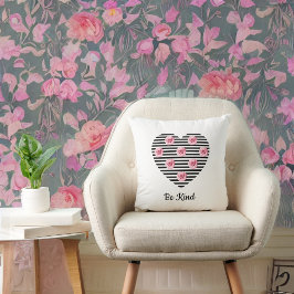 Cojín Decorativo Corazón con románticos Rosas de rayas negras en bl