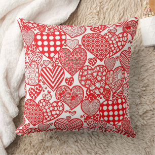 Cojín Decorativo Corazón de Doodle de Polca Romántica Rojo Blanco