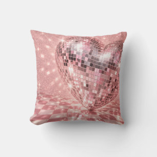 Cojín Decorativo Corazón de espejo de discoteca rosa con destellos