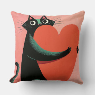 Cojín Decorativo Corazón de gato negro retro decoración rosa pastel