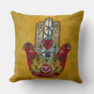 Cojín Decorativo Corazón de Granada Rojo de Pájaro Hamsa Rubí