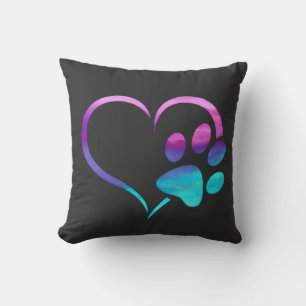 Cojín Decorativo Corazón de Huella de Perro Cyan Púrpura