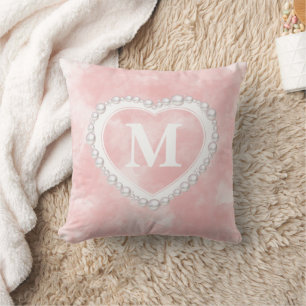 Cojín Decorativo Corazón de monograma de perla de acuarela rosa son