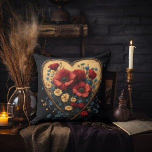 Cojín Decorativo Corazón de Oro con Amapolas Dentro