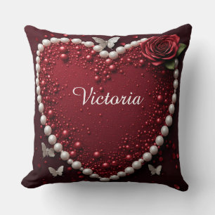 Cojín Decorativo Corazón de Perla Roja con Rosas para Decoración de