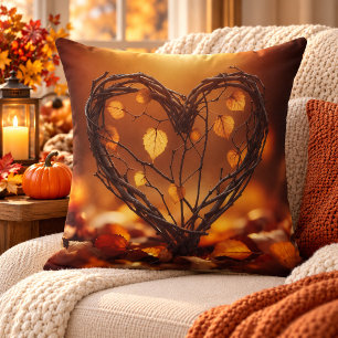 Cojín Decorativo Corazón de ramita tejida rústica y hojas de otoño