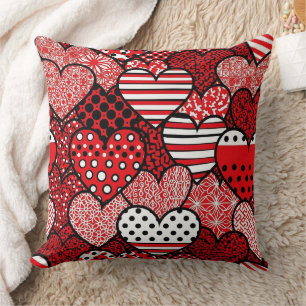 Cojín Decorativo Corazón de San Valentín de lunares rojos negros y 