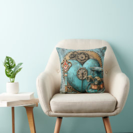 Cojín Decorativo Corazón de turquesa vintage con engranajes arte st