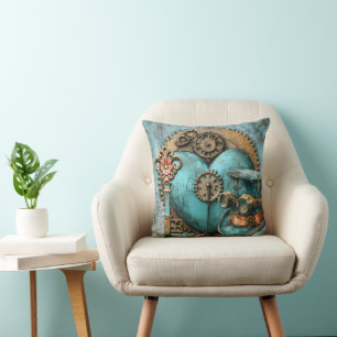 Cojín Decorativo Corazón de turquesa vintage con engranajes arte st