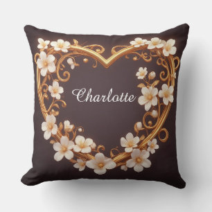 Cojín Decorativo 🌸 Corazón Dorado Floral Elegante Boda Romántica