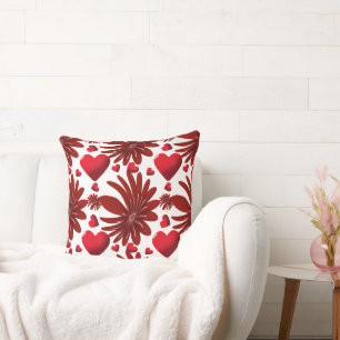Cojín Decorativo Corazón Floral Rojo Patrón Estético Flor Romántica
