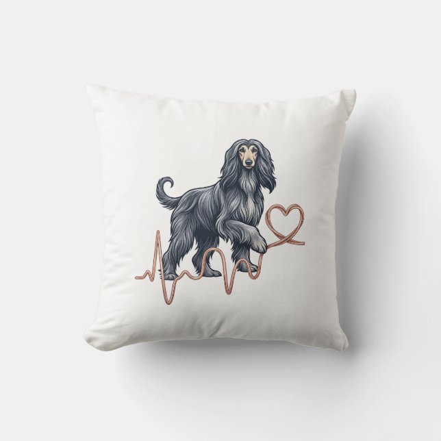 Cojín Decorativo Corazón Línea Latido Perro Lebrel Afgano (Anverso)