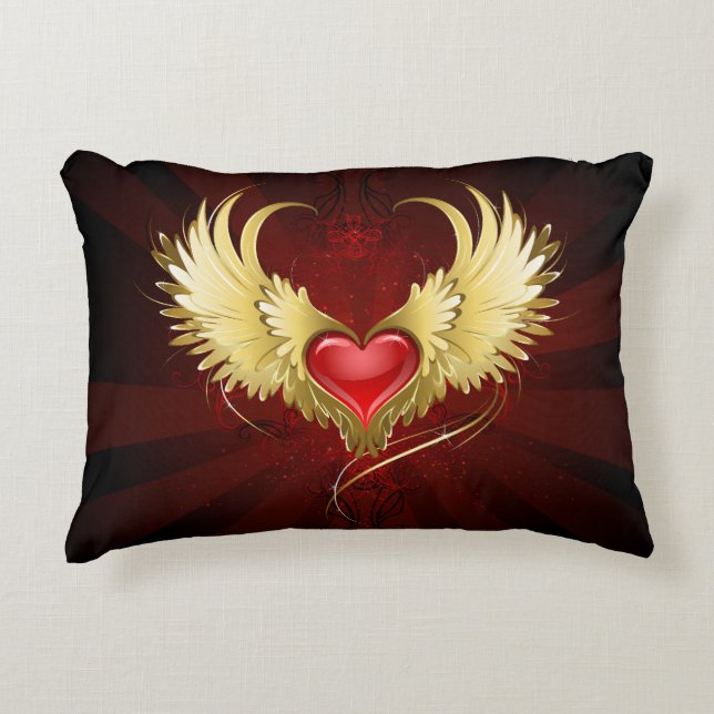Cojín Decorativo Corazón Rojo con Alas Doradas (Anverso)