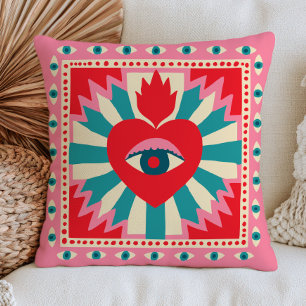 Cojín Decorativo Corazón Rojo Funky Ojos Malvados Boho Rosa Maximal