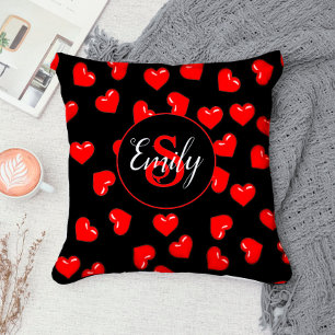 Cojín Decorativo Corazón Rojo Minimalista & Flor Azul Monograma   R