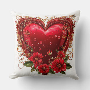 Cojín Decorativo Corazón Rojo Rosa Floral Amor Romántico 