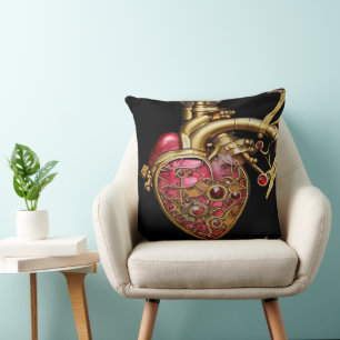 Cojín Decorativo Corazón Steampunk Anatómico Rubíes y Engranajes