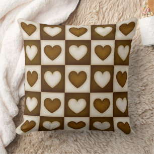 Cojín Decorativo Corazones a Cuadros en Cacao Caliente