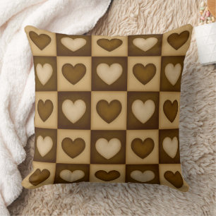 Cojín Decorativo Corazones a Cuadros en Caramelo Marrón