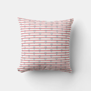Cojín Decorativo Corazones caprichosos y rayas Doodle Rojo Azul