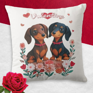 Cojín Decorativo Corazones Dachshunds Flores Perros Día de San Vale