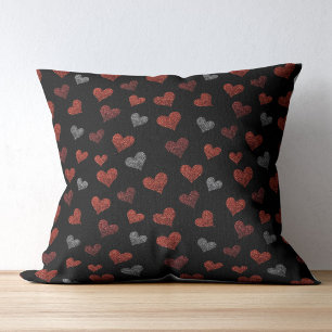 Cojín Decorativo Corazones de brillo plateado de Borgoña rojo sobre