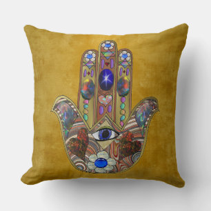 Cojín Decorativo Corazones de Hamsa Flores Ópalo Arte en Oro