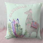 Cojín Decorativo Corazones de Llama y Cactus - Mint Pastel Personal<br><div class="desc">almohada adorable para el dormitorio de su pequeña niña o la guardería y la plantilla está preparada para que usted añada el nombre de su pequeña. Este diseño tiene un bonito ilustracion acuático de una llama gris suave, con borlos y alfombras, cactus y cactus en forma de corazón. La paleta...</div>
