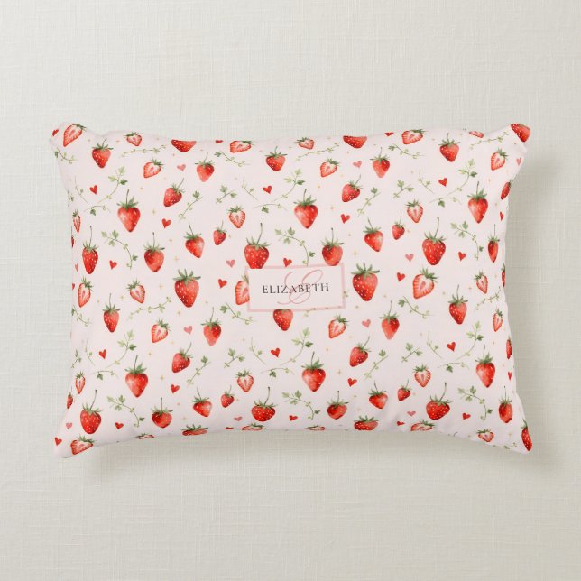 Cojín Decorativo Corazones de Monograma Rosa Botánico Dulce Fruta (Anverso)