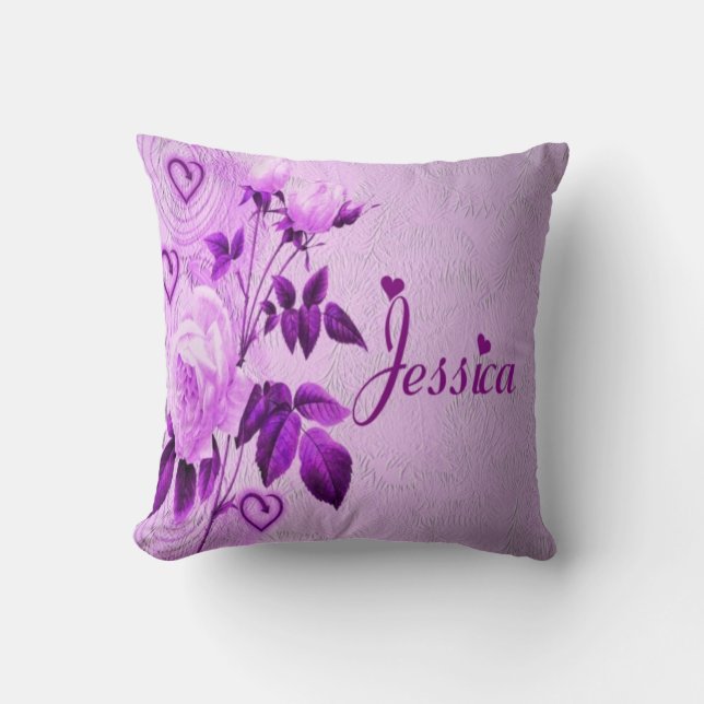 Cojín Decorativo Corazones florales púrpuras de Jessica (Anverso)