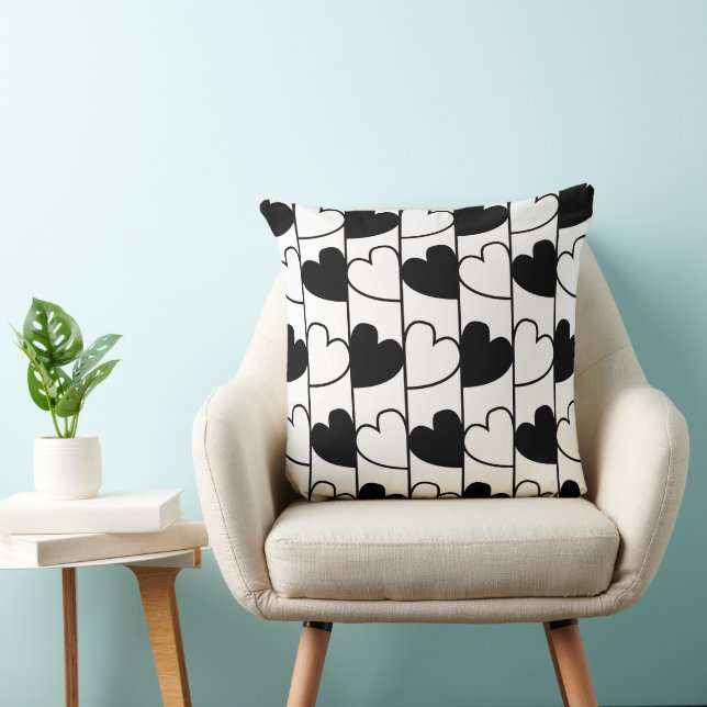 Cojín Decorativo Corazones negro y blanco Patrón de rayas (Silla)