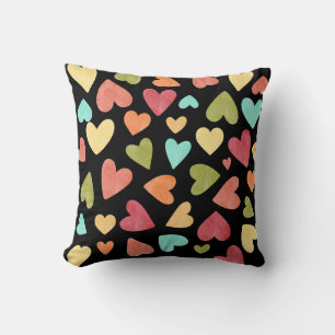 Cojín Decorativo Corazones Patrón de Acuarela Negra Rosa, Azul, Ver