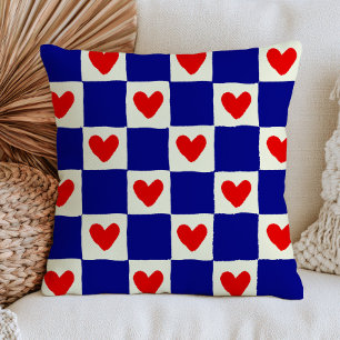 Cojín Decorativo Corazones Rojos Cuadrados Azules Cuadros Eclectic