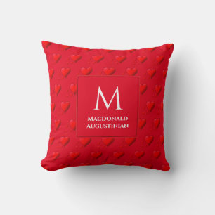 Cojín Decorativo Corazones Rojos Monograma Personalizado