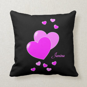 Cojín Decorativo Corazones Rosados En Negro Para Chicas, Plantilla 