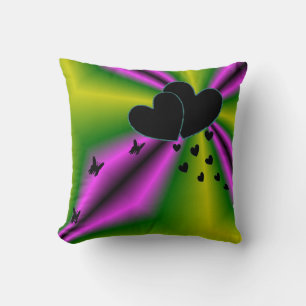 Cojín Decorativo Corazones y mariposa en el arcoiris verde púrpura