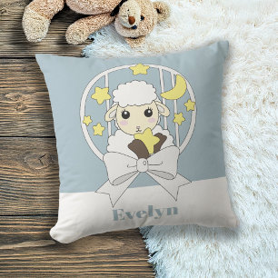 Cojín Decorativo Cordero de dibujos animados azul pastel retro