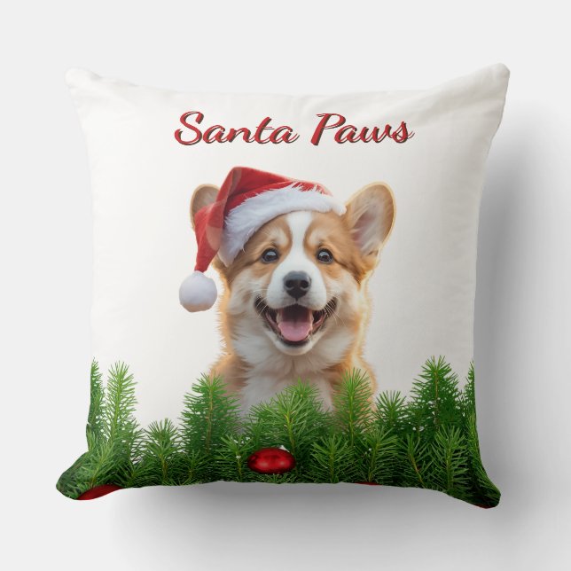 Cojín Decorativo Corgi Christmas Throw Pillow – Santa Paws Design (Anverso)