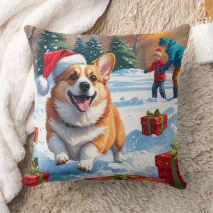 Cojín Decorativo Corgi corriendo en la nieve con sombrero de Navida