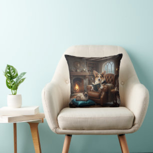Cojín Decorativo Corgi lee al gato