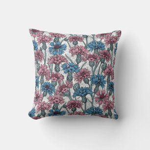 Cojín Decorativo Cornflores rosas y azules, flores silvestres en bl