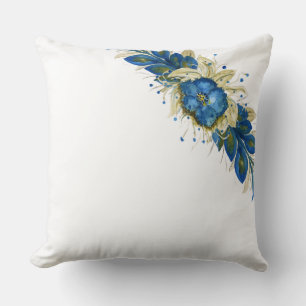 Cojín Decorativo Corona Azul Floral Acuarela Pintado a Mano Blanco