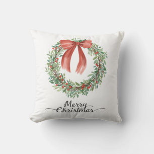 Cojín Decorativo Corona de acuarela Lazo rojo Feliz Navidad