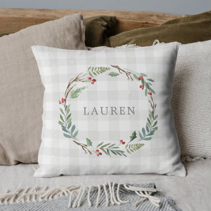 Cojín Decorativo Corona de bayas de invierno de Navidad con nombre