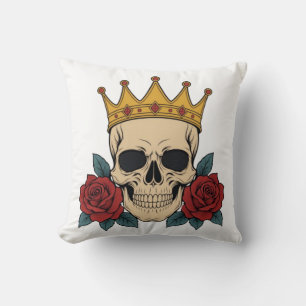 Cojín Decorativo Corona de cráneo gótico con rosas rojas – Motero o