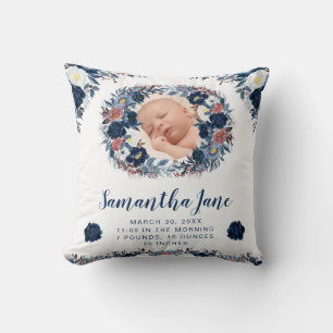 Cojín Decorativo Corona de flores de invierno en azul acuarela para