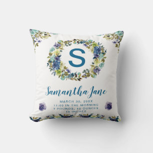 Cojín Decorativo Corona de flores de verano en acuarela azul y crem