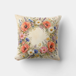 Cojín Decorativo Corona de flores silvestres acuarela Cottage Garde